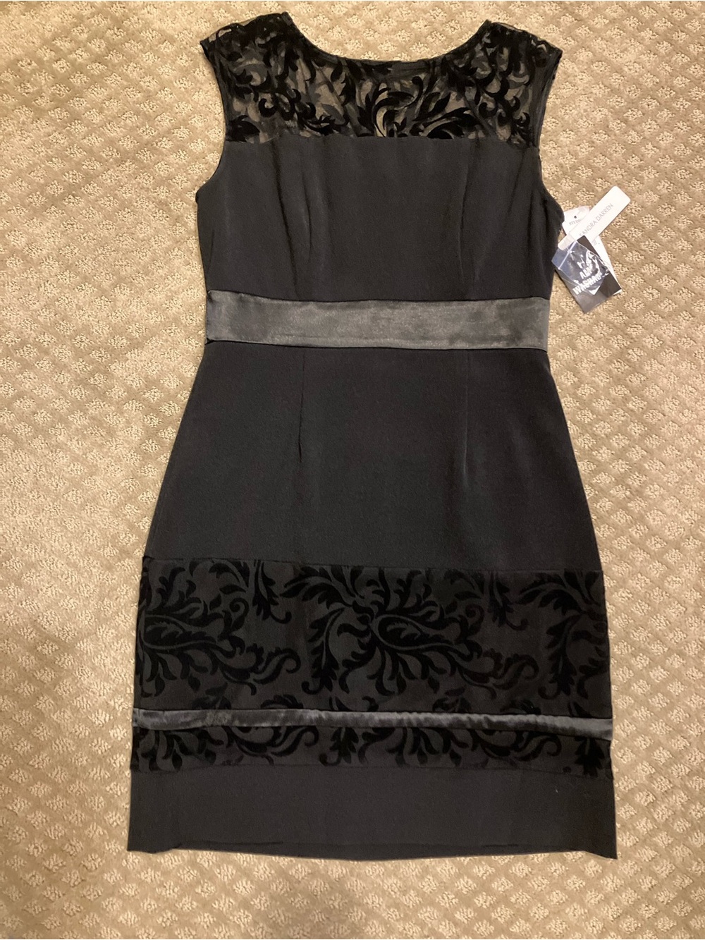 NWT Sandra Darren Sz 6 Black Velvet Burnout Midi Cocktail Dress with Lace Trim